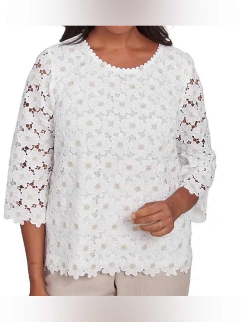 Alfred Dunner Womens Daisy Woven Lace Crew Neck 3/4 sleeves